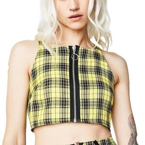 The Ragged Priest | Yellow Black Plaid Zip Up Crop Tank Top
